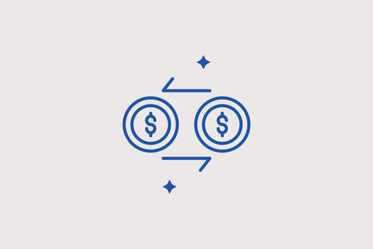 Two coins with exchange arrows line icon for currency conversion and p2p money transfers. Transactional Vector Illustration for digital wallet features and foreign exchange market platforms.