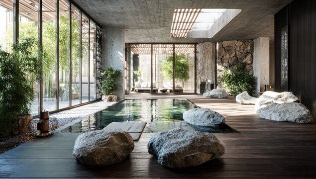 Modern spa area with a pool, rocks, and lush greenery, minimalist design