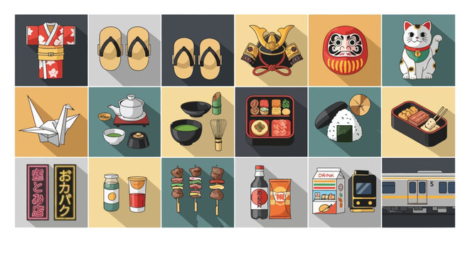 A vibrant collage of Japanese cultural icons and everyday items, showcasing traditional and modern elements of Japanese life.