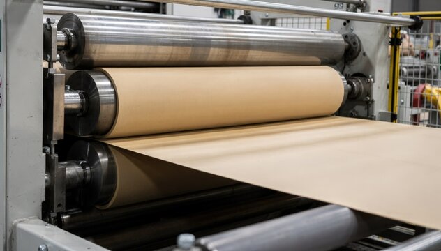 Medium shot of soft nip calendar stack gently smoothing dry board surface ensuring uniform texture before coating in a controlled production environment.