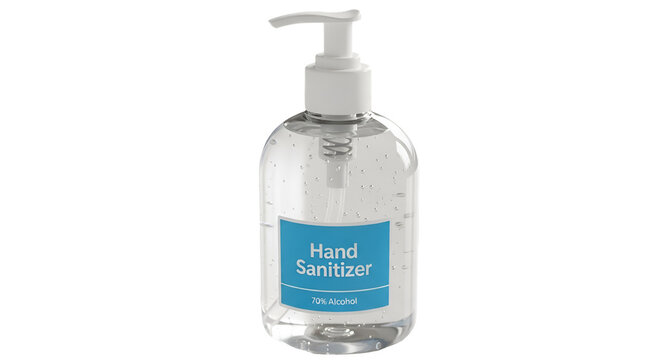 Clear hand sanitizer bottle with pump dispenser on black background for hygiene and health protection; antimicrobial gel