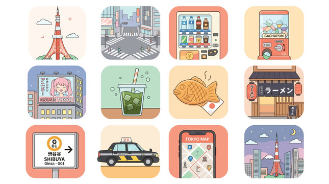 A collection of charming, minimalist illustrations depicting iconic Tokyo landmarks, street scenes, and cultural elements, presented in a grid format.