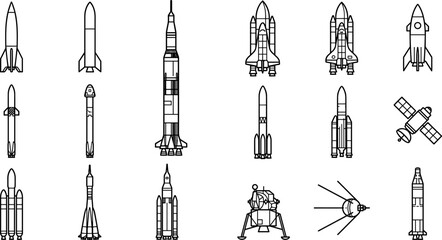 space rocket and spacecraft line icons set with launch vehicles satellites orbital station lander module probe capsule and aerospace exploration symbols isolated on transparent background © Maksym