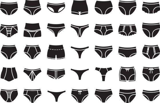 Diverse collection of underwear styles in black and white illustration silhouette vector icon