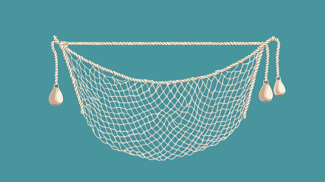 Illustration of a fishing net, crafted from rope, hanging against a solid teal background