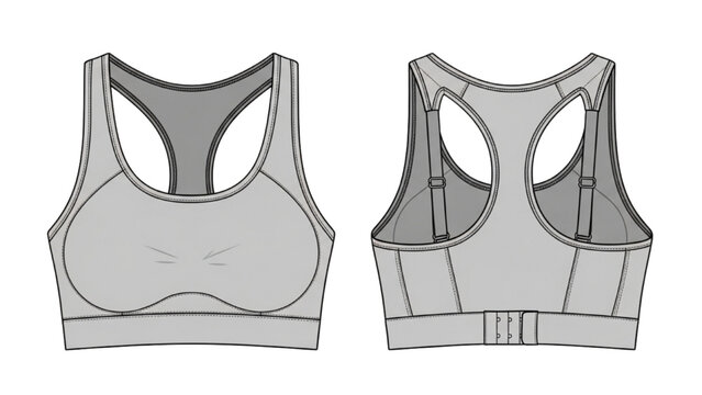 The front and back views of a grey sports bra are shown side by side.
