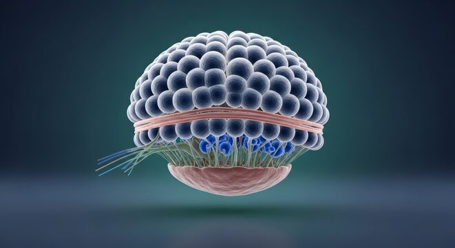 Olfactory bulb 3D neural render, glomerular layer structure visualization, sensory signal processing map, neural pathway convergence system, brain olfactory anatomy concept, neurobiology study