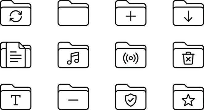 Folder icon collection set interface pack, file management symbols bundle, isolated vector illustration storage directory system