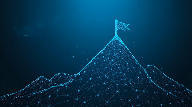Digital mountain peak with flag made of glowing network lines symbolizing success achievement and business growth concept 