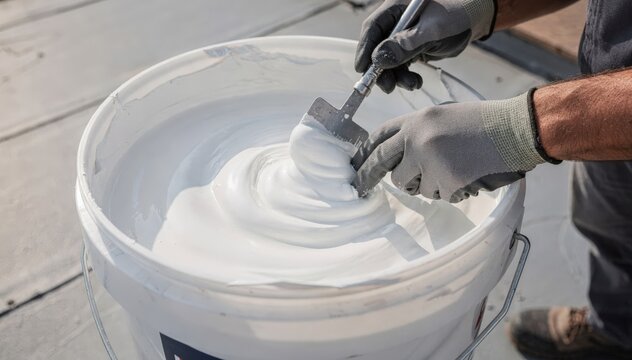 Medium shot of hands stirring white elastomeric roof coating in a bucket highlighting smooth texture and consistency for superior waterproofing and crack resistance.