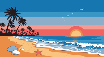 Fototapeta premium Beach sunset scene with palm trees and ocean waves illustration