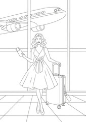 Obraz premium Travel. Girl with ticket and suitcase at the airport. Coloring page.