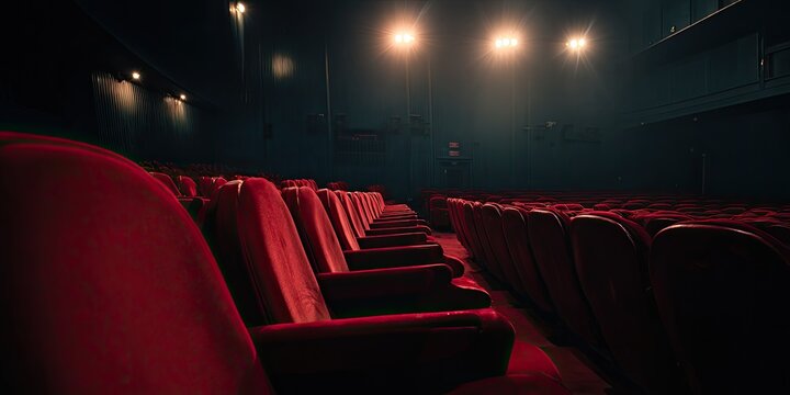 Interior shot of an empty cinema hall with rows of red velvet seats illuminated by stage lights