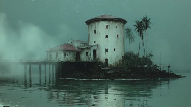 Island tower shrouded in rising fog. Coastal structure on water with palms and dock. Atmospheric sequence of mist enveloping tropical landscape