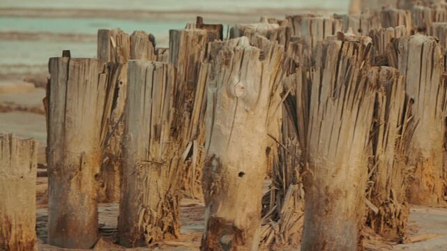 Close up view of old decaying wooden posts. Shallow depth of field focuses on splintered texture. Soft natural light creates calm, tranquil mood. Rows of old weathered wooden pylons on salt lake shore