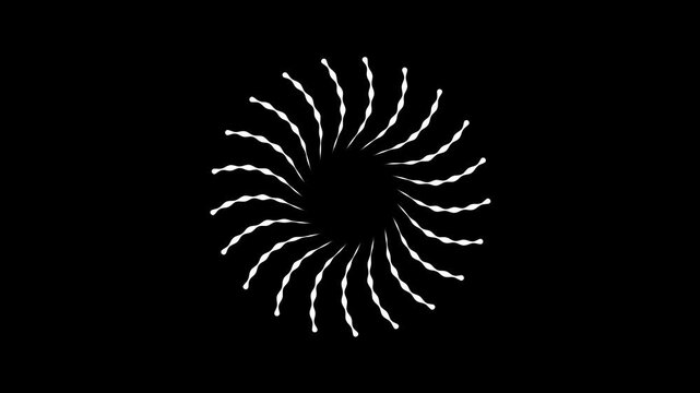 Glowing geometric spark trails with diaphanous black screen background featuring firework cartoon style circle burst animation with white line and flat vector explosions in 4k motion effects.