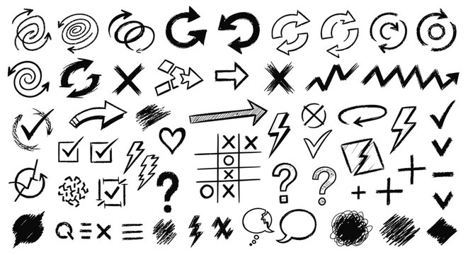 Hand drawn symbols, icons, and signs, black vector graphics, sketch elements, 40 illustrations