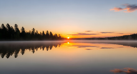 Fototapeta premium Serene sunset over a calm lake reflecting golden light amidst a backdrop of evergreen trees