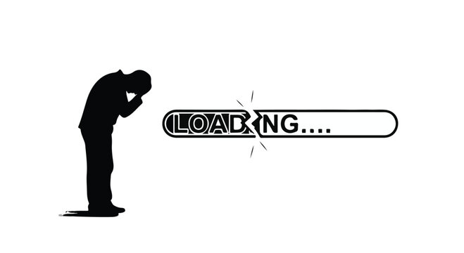 Frustrated man waiting for loading progress bar to complete, feeling anxious or stressed, technology and internet concept