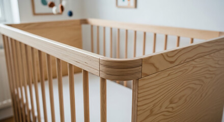 Naklejka premium Minimalistic nursery crib in a calm setting showcasing modern design and natural materials with soothing colors