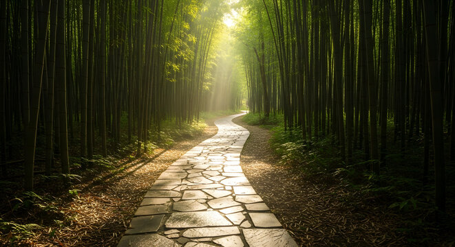 A winding stone pathway leads through a dense bamboo forest bathed in golden sunlight high quality