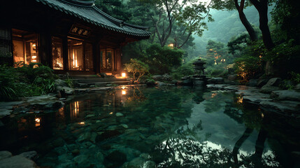 Obraz premium Tranquil Japanese garden with a serene pond and traditional architecture illuminated by soft lanterns at dusk.