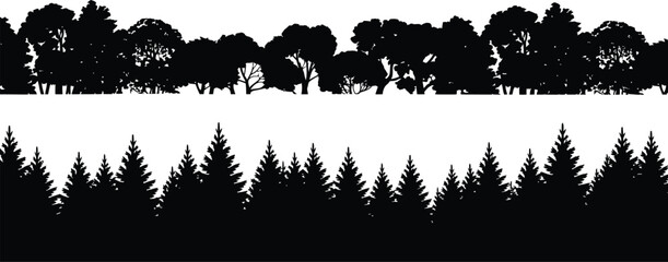 Black silhouette forest landscape with deciduous and coniferous trees © MDRAJU