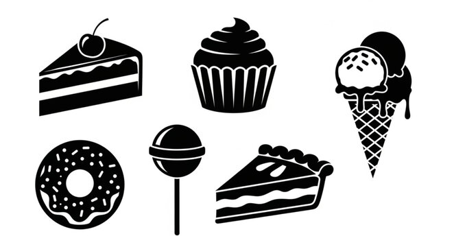 Collection of Sweet Dessert Icons in Silhouette Style.