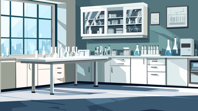 Pixelated illustration of a laboratory interior with equipment and window light