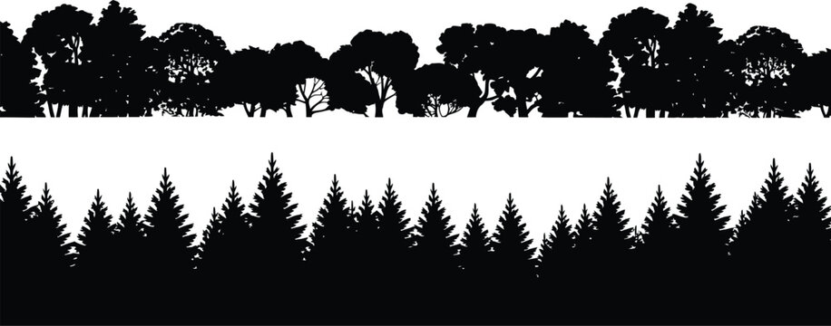 Black silhouette forest landscape with deciduous and coniferous trees