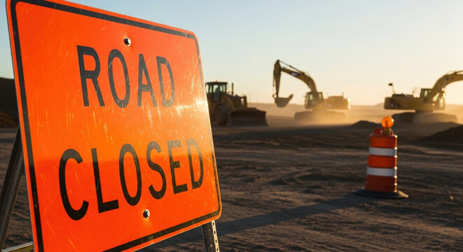 Road Closure Sign with Construction Equipment in Dusty Worksite Setting for Traffic Management Blogs, Construction Websites, Urban Planning Articles, and Infrastructure Awareness Campaigns