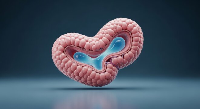 Salivary gland 3D microscopic render, acinar lobular structure visualization, exocrine secretion system anatomy, ductal saliva transport network, glandular physiology concept, histology study