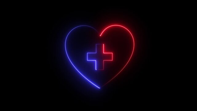 Neon Heart with Medical Cross, Glowing Medical Symbol with Heart .glowing neon love + icon with blue and rad line animation on a black background.4K