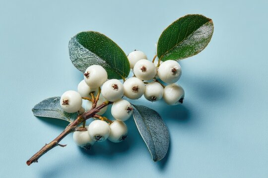 A close-up, studio shot featuring snowberry branch with white berries on a pale blue background