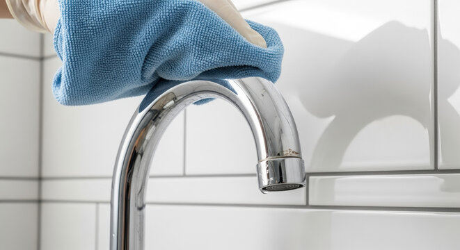 Cleaning metal faucet with microfiber cloth for a shiny finish in a bright kitchen setting