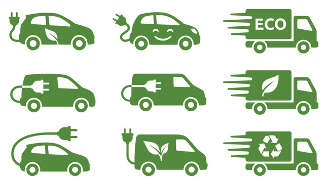 Green electric vehicle and eco-friendly delivery truck icons set featuring plug-in cars leaf symbols and recycling signs for sustainable transportation and logistics.