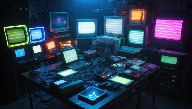 A dimly lit room filled with an array of old computers, screens glowing in varied colors