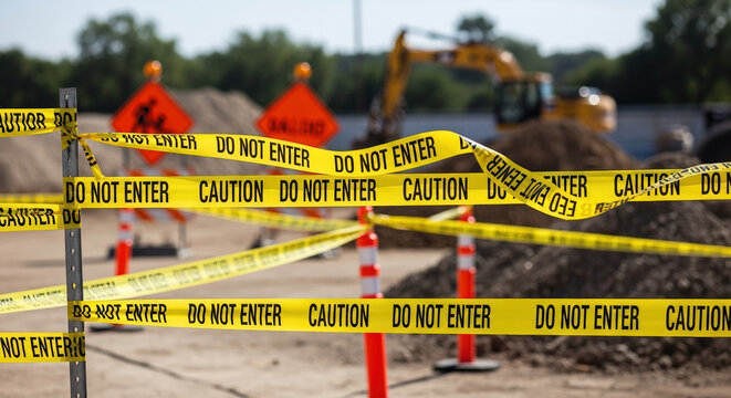 Caution Tape Marking Construction Area with Heavy Machinery in Background for Safety Awareness, Construction Blogs, and Urban Planning Websites