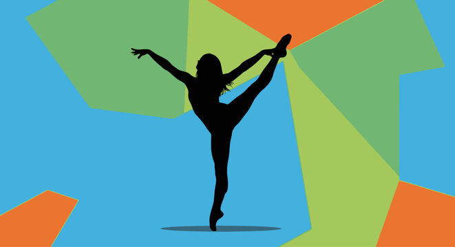 Silhouette of a rhythmic gymnast performing a standing split on a colorful background.