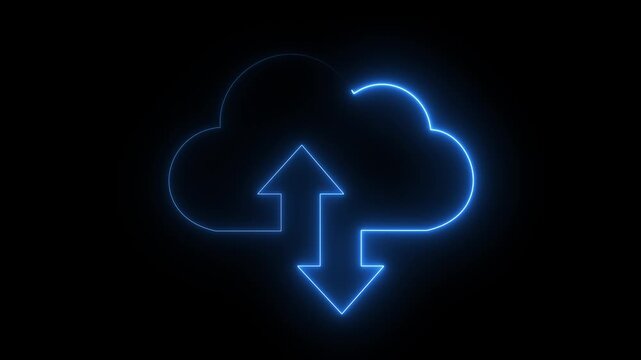 Neon glowing digital cloud icon, data transfer animation. cloud storage with arrows icon animation on the black, background. Cloud space and technology, data backup, file repository, upload database.