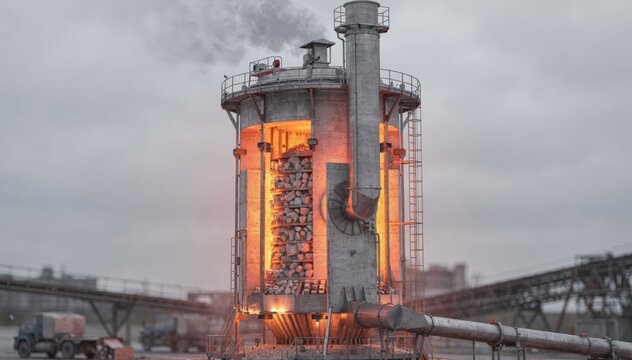 Close medium view of a shaft kiln where magnesite calcines slowly producing reactive magnesia with controlled mediumtemperature processing and smoke emissions.