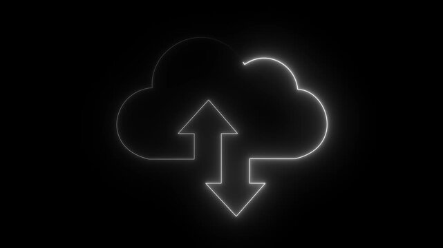 Neon glowing digital cloud icon, data transfer animation. cloud storage with arrows icon animation on the black, background. Cloud space and technology, data backup, file repository, upload database.