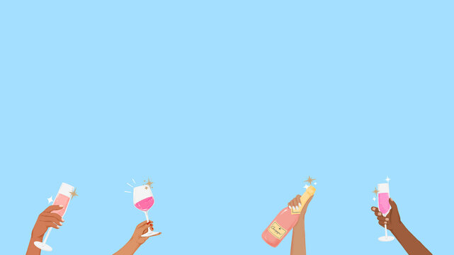 Blue desktop wallpaper, hands holding wine glasses border