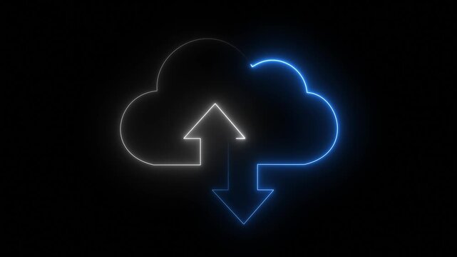 Neon glowing digital cloud icon, data transfer animation. cloud storage with arrows icon animation on the black, background. Cloud space and technology, data backup, file repository, upload database.