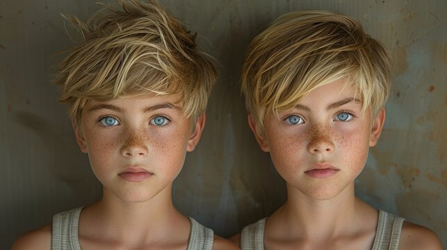 Young boy with tousled hair and freckles gazes directly. Blue eyes meet the camera with quiet intensity. Soft lighting highlights his gentle, unsmiling expression. Twin portraits suggest symmetry