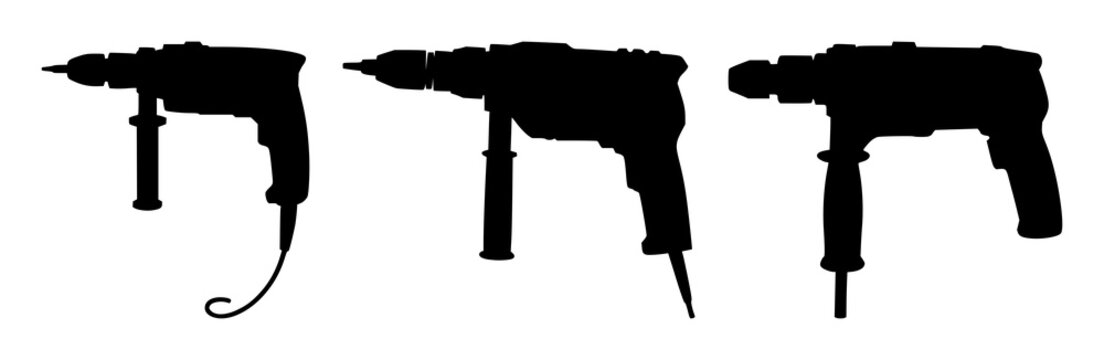 Electric drill set with black silhouette and white background featuring electrical tool, cordless drill, power tool with black design and white backdrop