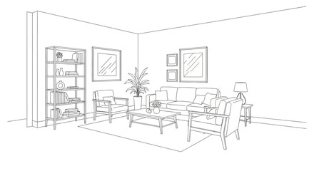 Fototapeta premium Line art drawing of a modern living room interior with furniture, plants, and wall decor, showcasing a cozy and minimalist design.