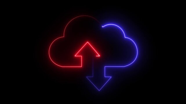 Neon glowing digital cloud icon, data transfer animation. cloud storage with arrows icon animation on the black, background. Cloud space and technology, data backup, file repository, upload database.
