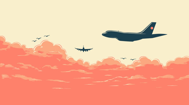 Digitized illustration of a sunset sky with airplanes, clouds, and birds in flight