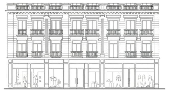Detailed architectural line drawing of a classical building facade featuring ground floor shops and multiple upper-story windows with balconies.